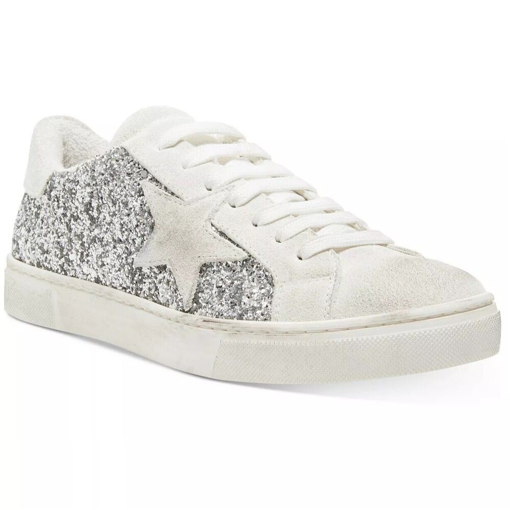 Steven New York Womens 6 Silver Sparkle Lace Up Distressed Sneakers NIB XL8